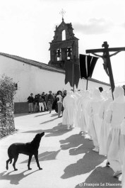 Ref CHRISTUS 16 – Procession de pénitents blancs avec un chien noir, Berciano de Aliste (Zamora), Espagne